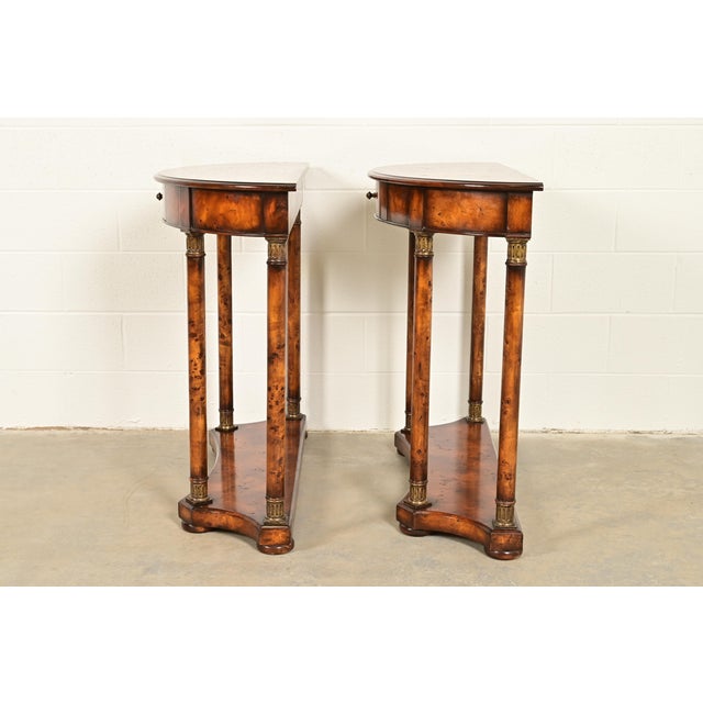 Maitland Smith Style French Empire Burl Wood and Gold Gilt Demilune Console Tables, Pair For Sale - Image 10 of 12