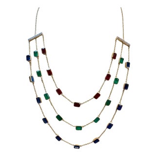 Three Layer Necklace With Emerald , Ruby & Kyanite with Diamond Bar, 14 KYG 15Gm For Sale