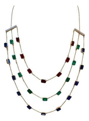 Three Layer Necklace With Emerald , Ruby & Kyanite with Diamond Bar, 14 KYG 15Gm
