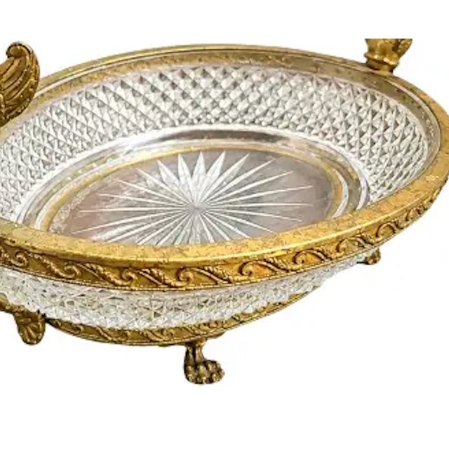 Vintage Cut Crystal & Brass Duck Centerpiece Bowl Elegant vintage oval cut crystal bowl set within an ornate brass-tone...