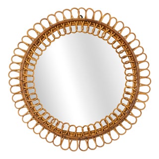 Mid-Century Round Rattan and Bamboo Wall Mirror in the style of Franco Albini, Italy, 1960s For Sale