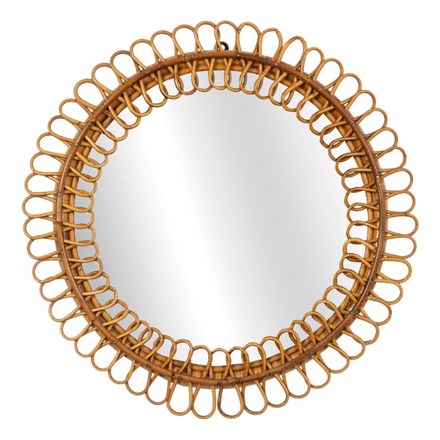 Mid-Century Round Rattan and Bamboo Wall Mirror in the style of Franco Albini, Italy, 1960s For Sale