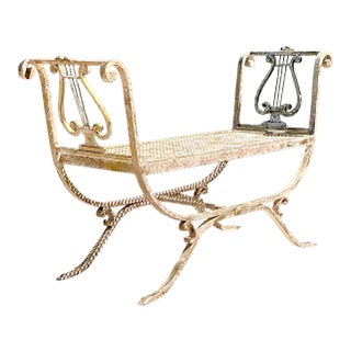 Vintage Neoclassical Wrought Iron Lyre Bench For Sale
