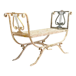 Vintage Neoclassical Wrought Iron Lyre Bench