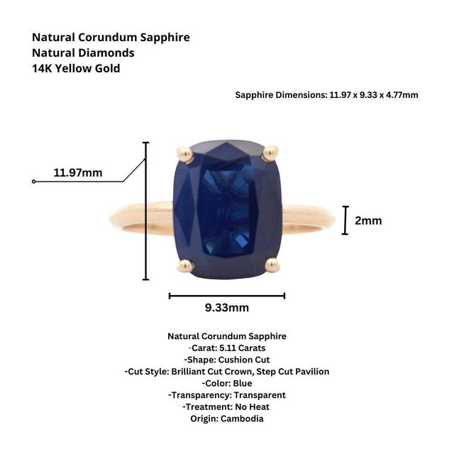 Gia Certified 5.11 Carat Cushion Blue Sapphire 14k Yellow Gold Solitaire Ring, Size 7 For Sale - Image 10 of 10