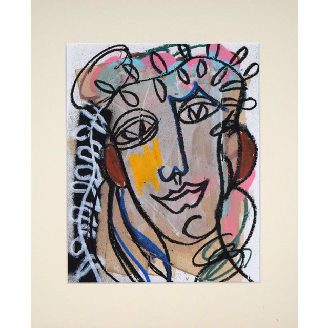Contemporary cubist portrait painting.. Acrylic and oil stick on paper, presented in cream colored matting and a bronze-...