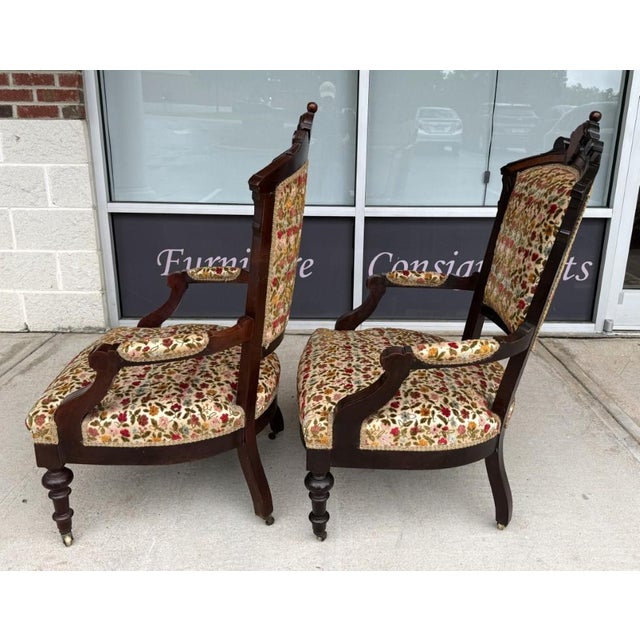 Pair of Antique Eastlake Walnut Parlor Chairs With Floral Upholstery For Sale In Raleigh - Image 6 of 15