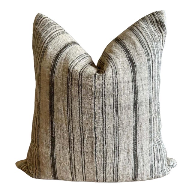 Custom Made Linen Stripe Pillows in Oatmeal With Chocolate Stripes For Sale