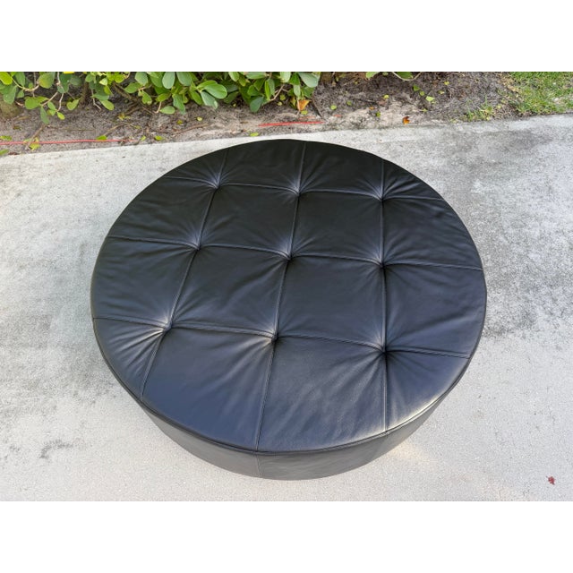 Animal Skin Poltrona Frau Cubo D120 Black Pelle Leather Round Ottoman on Casters For Sale - Image 7 of 12