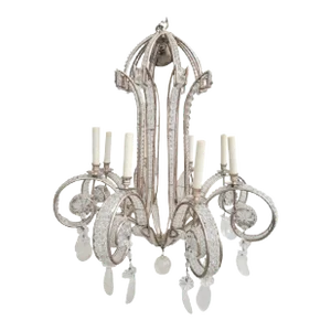 Monumental Niermann Weeks 8 Light Pagoda Greek Key Crystal Silver Leaf Beaded Chandelier