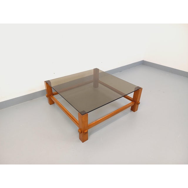 Vintage Square Italian Coffee Table in Wood and Smoked Glass from Fontana Arte, 1960s For Sale - Image 12 of 16