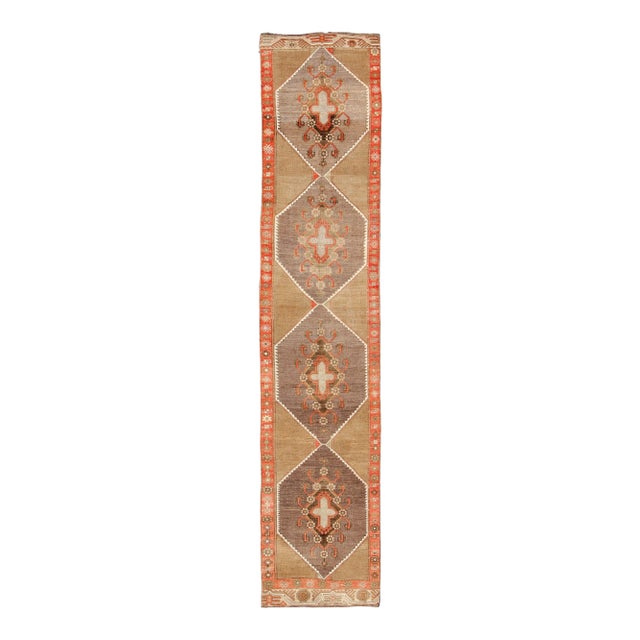 Colorful Vintage Turkish Runner With Diamond Medallions in Lt. Camel and Gray For Sale