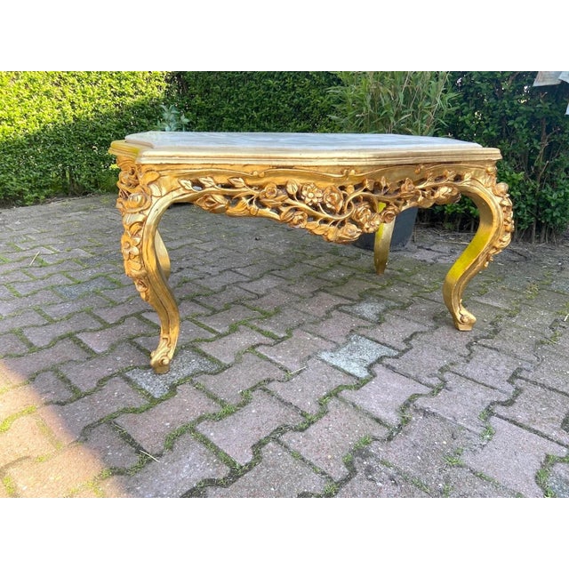 Wood 1980s Artisan Louis XVI Gold Beech Marble Coffee Table For Sale - Image 7 of 11