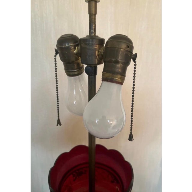 Late 19th Century Victorian Bohemian Cranberry Glass Lustre Table Lamp With Enameled Flowers & Crystal Prisms For Sale - Image 6 of 6