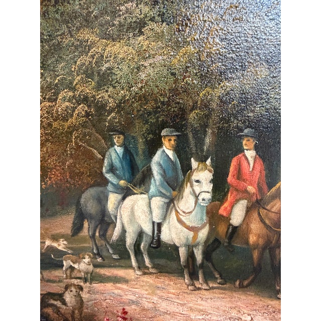Vintage English Hunting Scene Oil Painting Horses Hounds Equestrian Sporting Art For Sale - Image 4 of 14