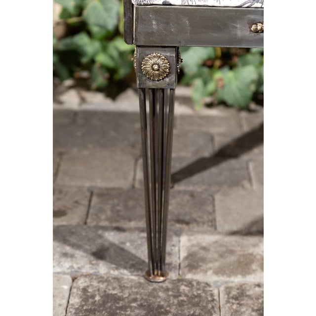 French 1930s Steel Bench with Out-Scrolling Arms, Tapered Legs and Toile Fabric For Sale - Image 9 of 12