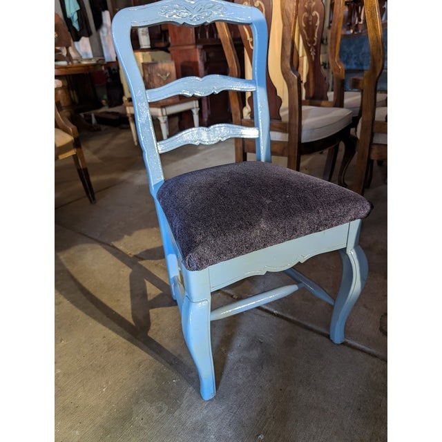 Sky Blue Vintage Sky Blue French Provincial Ladderback Side Chair – Carved Crest & Cabriole Legs For Sale - Image 8 of 8