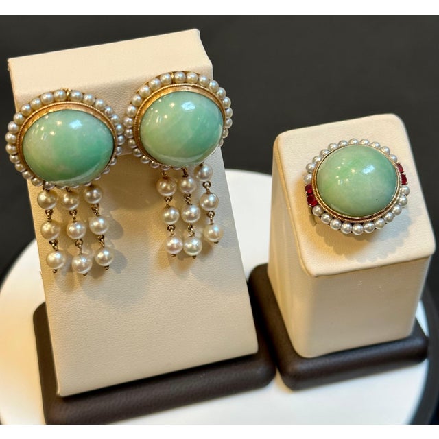 Mid 20th Century Vintage Natural Jade Earring & Ring Set + Natural Pearls, 14 K Yellow Gold 48 Gm For Sale - Image 5 of 18