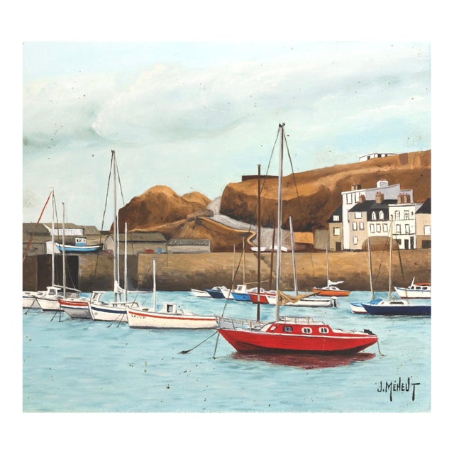 French Harbor Scene Oil on Canvas For Sale
