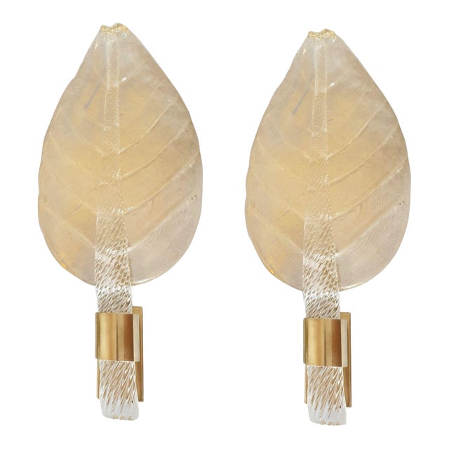 Pair of Leaves Gold Murano Glass Sconces 1970s For Sale