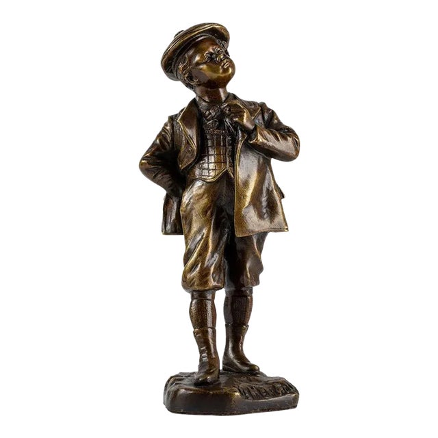 1910s "Je M'En Fous" Bronze Sculpture of a Boy Signed Picciole With Foundry Coin Mark For Sale