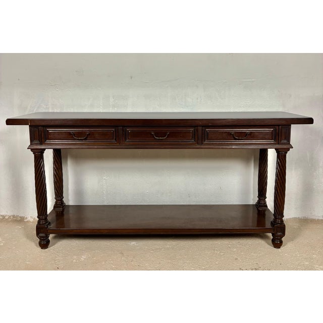 Rustic Large Spanish Walnut Rustic Console with Three Drawers and Lower Shelf, 1930s For Sale - Image 3 of 15