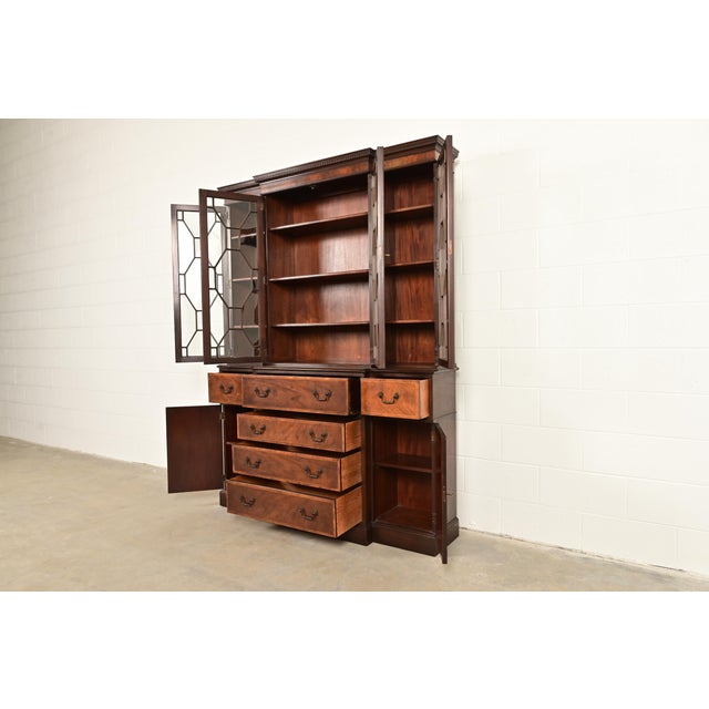 Baker Furniture Georgian Carved Mahogany Breakfront Bookcase Cabinet With Secretary Desk For Sale In South Bend - Image 6 of 15