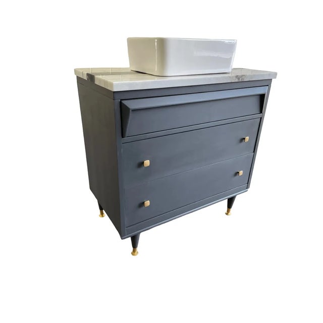 32" Mid-Century Modern Charcoal Bathroom Vanity With Vessel Sink For Sale - Image 4 of 5