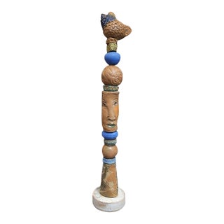 Marc Zimmerman "Long Face Totem Sculpture 1" Glazed Ceramic, 65 Inches Tall, Elongated Face, Earth Tones, Blue Accents, Contemporary Art West Coast For Sale