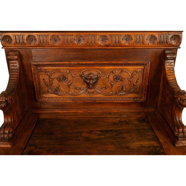 Antique 19th Century Italian Renaissance Revival Carved Walnut Bench Settle 1880 For Sale - Image 12 of 17