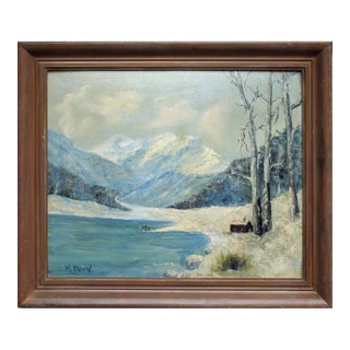 Mountain Lake Cabin in Snow, Mid-Century Winter Landscape by W. Dunn For Sale