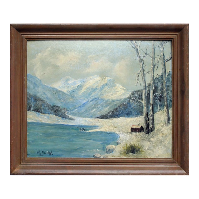 Mountain Lake Cabin in Snow, Mid-Century Winter Landscape by W. Dunn For Sale