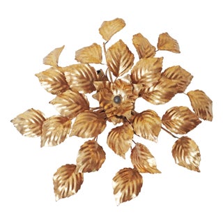 Vintage Gilt Leaves Flush Mount Light Fixture, 1980s For Sale