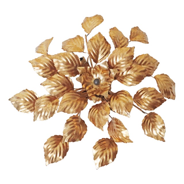 Vintage Gilt Leaves Flush Mount Light Fixture, 1980s For Sale
