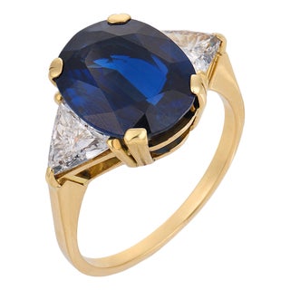Vintage Gia 6.09 Carat No Heat Sapphire Diamond 18k Yellow Gold Ring, Size 9 For Sale
