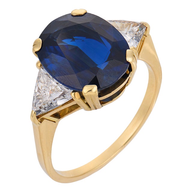 Vintage Gia 6.09 Carat No Heat Sapphire Diamond 18k Yellow Gold Ring, Size 9 For Sale