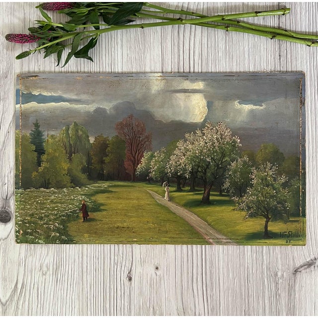 Acquired in France, a gorgeous Victorian landscape oil on panel. This oil has the most beautiful detail and colors. You...