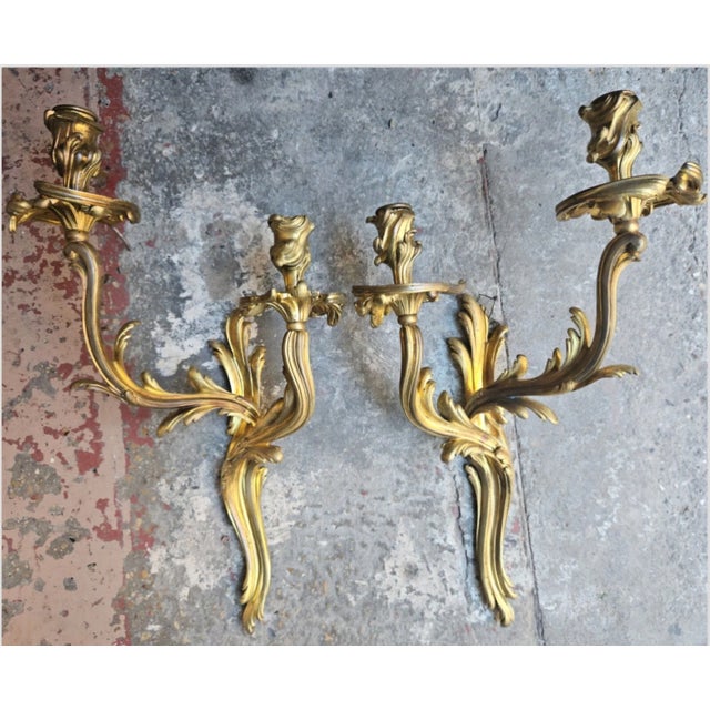 19thc French Antique Louis XV Gilt Bronze Rococo Wall Sconces Signed by Henri Vian / Original Unelectrified - A Pair For Sale - Image 11 of 12