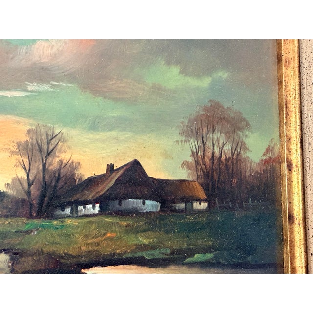 Wood Vintage Signed European Countryside Sunset Landscape Oil Painting in Wood Frame For Sale - Image 7 of 15