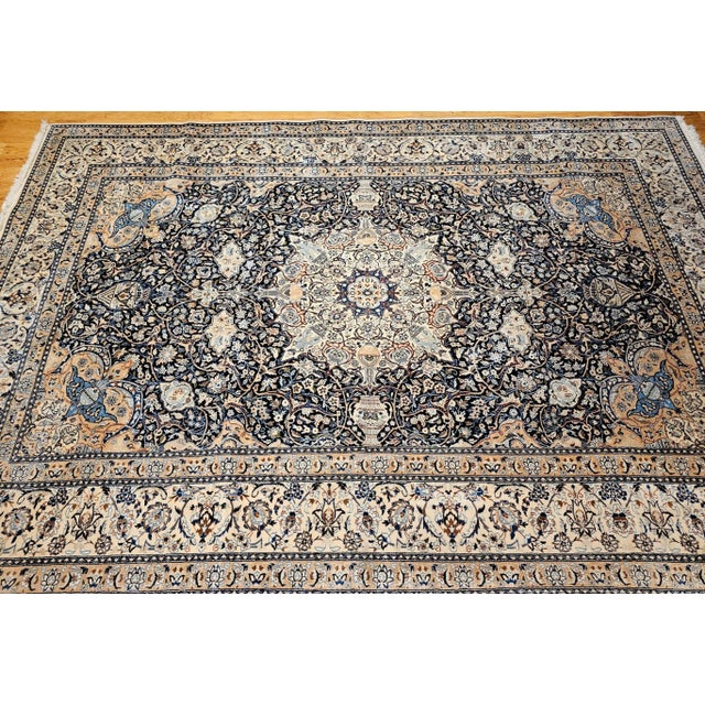Textile Vintage Room Size Persian Nain Rug, Handwoven Floral Pattern With Silk Highlights, Navy & Ivory , 9’ X 13’ For Sale - Image 7 of 12