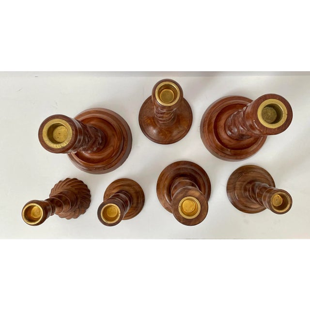 Cabin Vintage Turned Polished Wood Candlleholders, Assorted Sizes. Set of Seven For Sale - Image 3 of 8