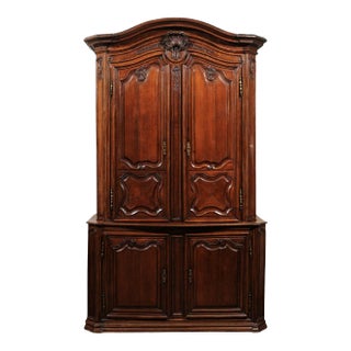 19th Century French Provincial Buffet Deux Corps Cabinet Armoire in Oak For Sale