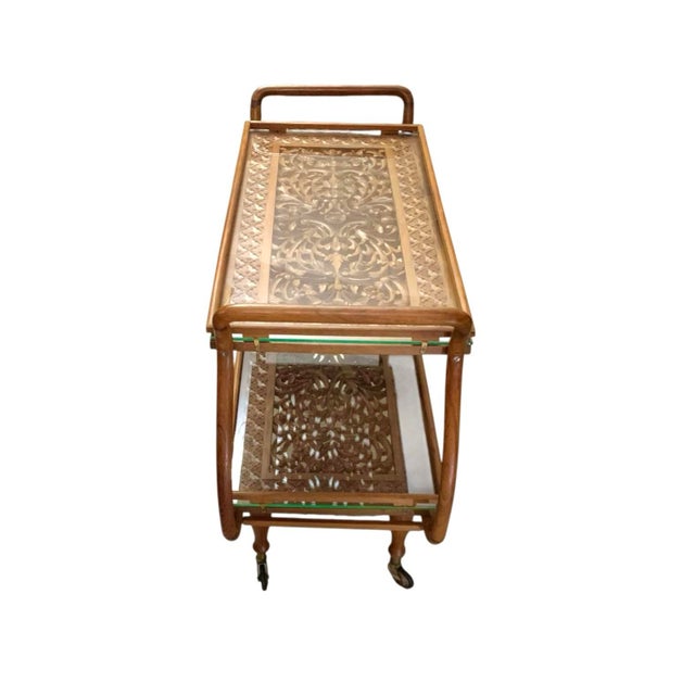 Late 20th Century Late 20th Century Tea Cart Hand-Carved Wood Floral Design With Glass Top Vintage Asian Style For Sale - Image 5 of 10
