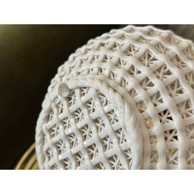 Vintage Handmade Chinoiserie Reticulated Woven Wicker Lattice Porcelain Basket Vase Sculpture For Sale - Image 10 of 10