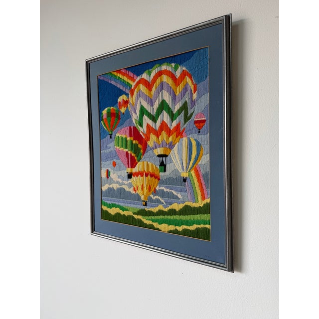 1982 Vintage Needlepoint Hot Air Balloon & Rainbow Artwork – Framed For Sale - Image 4 of 12