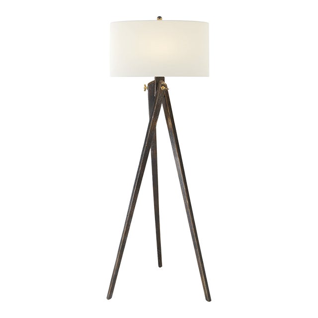 Chapman & Myers by Visual Comfort Signature Tripod Floor Lamp in Tudor Brown with Linen Shade For Sale
