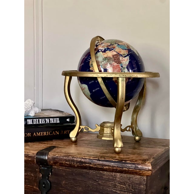 Brass 1990s Inlaid Pietra Dura Gemstone World Globe on Brass Stand For Sale - Image 8 of 8