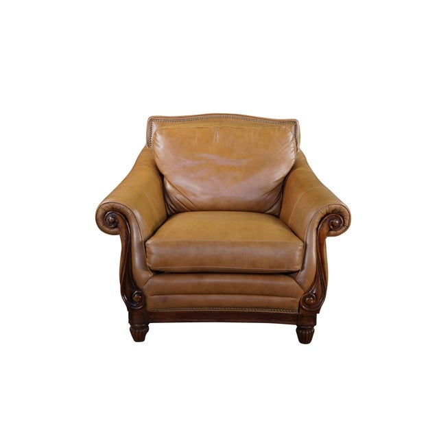 Vintage Rapallo Italian leather club lounge arm chair. This oversized accent chair features premium tan / camel top-grain...