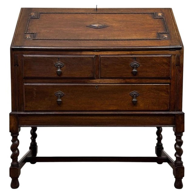 Early 20th Century Antique English Jacobean Oak Bureau For Sale - Image 14 of 14