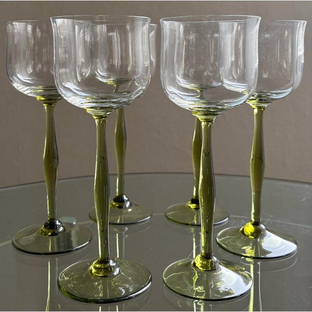 Art Nouveau Wine Glasses with Wavy Bowl and Green Stem, 1890s, Set of 6 For Sale - Image 5 of 5